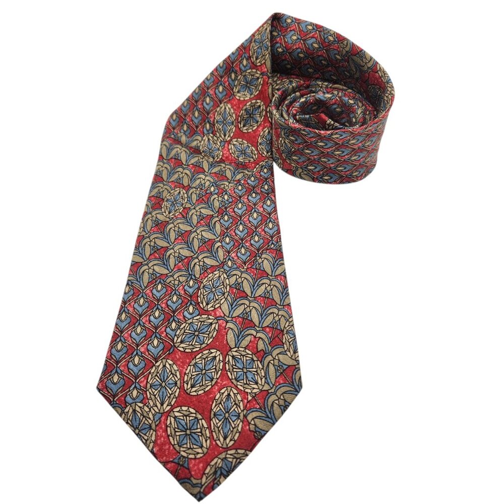 Christian Dior Monsieur Tie Mens Red Blue Gold Silk Geometric Pattern Made USA